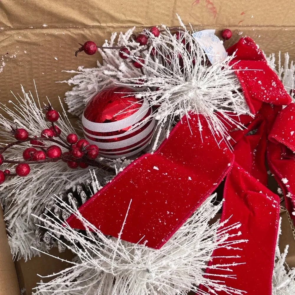NEW Pinecone and Red Ornaments Christmas Wreath with Red Bow, 28 Inch Wide